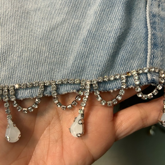 Bershka Light Wash Denim Mini Skirt with Rhinestone Fringe - Picture 5 of 9